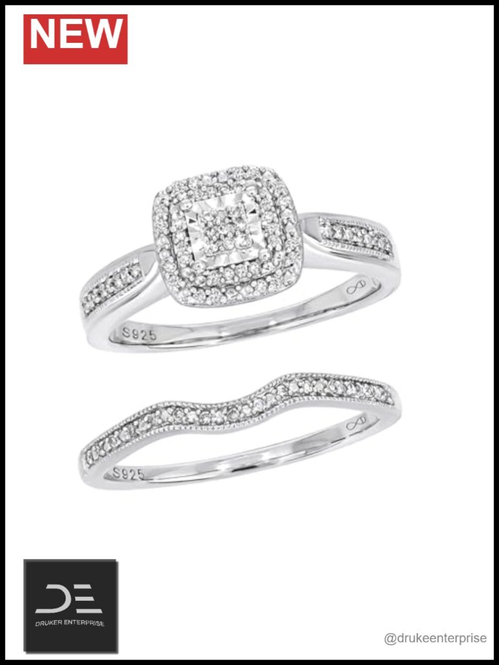 925 Sterling Silver Diamond Bridal Ring Set Halo Wedding Engagement Rings